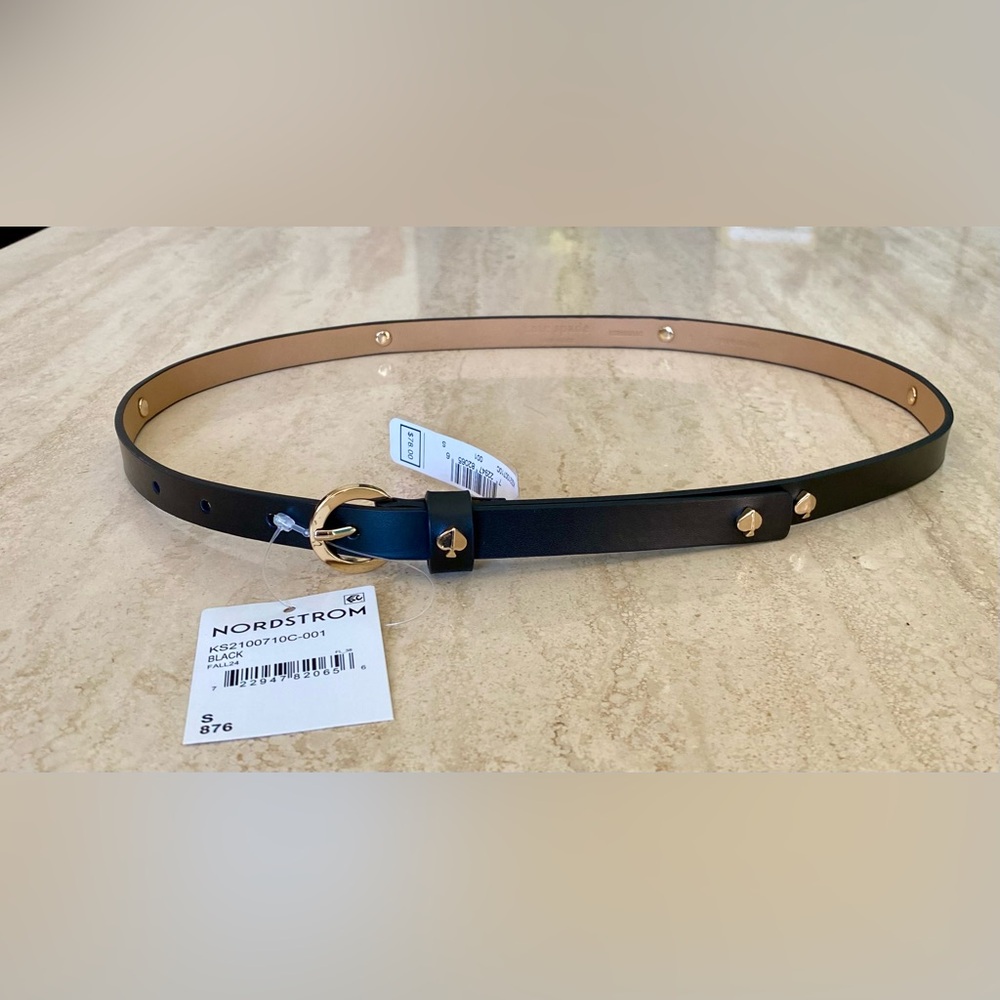 NWT KATE SPADE Thin Black Leather Belt with gold buckle and spade studs | Size S